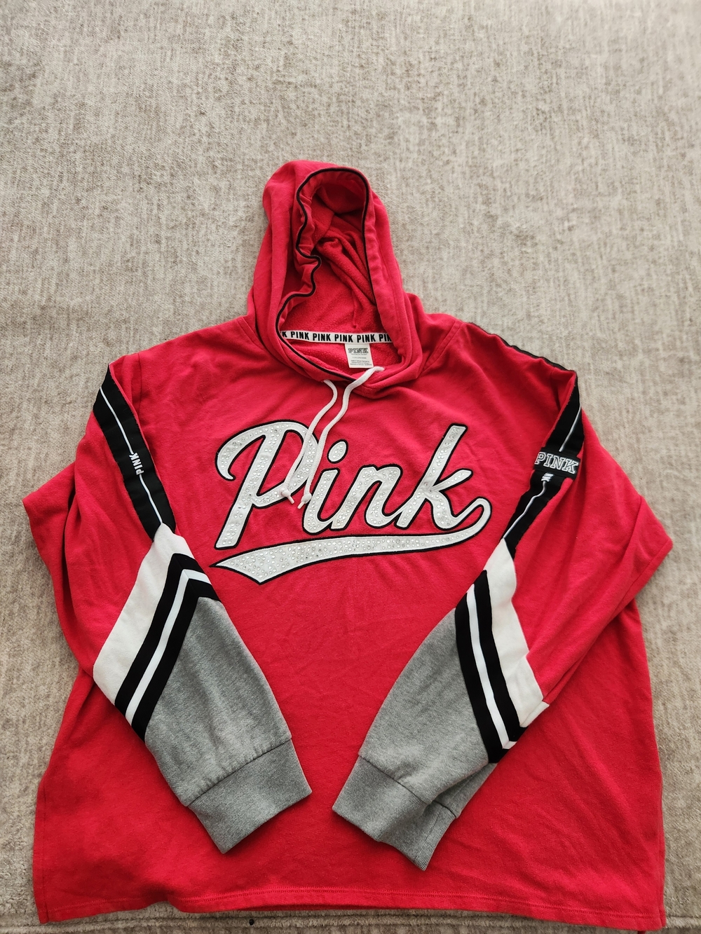 PINK Victorias Secret Varsity Rhinestone Bling Hoodie Size Large Womans